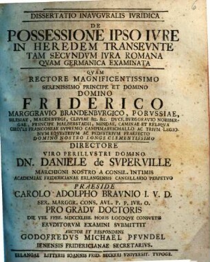Diss. inaug. iur. de possessione ipso iure in heredem transeunte tam secundum iura Romana quam Germanica examinata