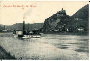 Aussig. Burgruine Schreckenstein an der Elbe mit Personen-Seitenraddampfer "Prinz Georg"