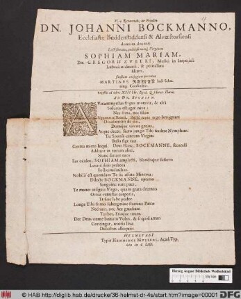 Viro Reverendo, & Erudito Dn. Johanni Bockmanno, ... domum ducenti ... Sophiam Mariam, Dn. Gregorii Zuberi ... filiam, faustum coniugium precatur Martinus Raman ...