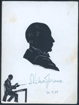 Porträt Richard Strauss mit Vignette, am Pult sitzend und dirigierend. Scherenschnitt auf Karton mit Künstlersignatur und Autograph des Porträtierten, bezeichnet 26.5.44. Scherenschnitt von Hanna Hausmann-Kohlmann, Dresden 1944. Blattgröße 28,5 x 21,3 cm. Dresden: SLUB Mk.4,81