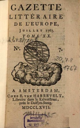 Gazette littéraire de l'Europe. 20. 1767, 7 - 8 (Juli und Aug.)