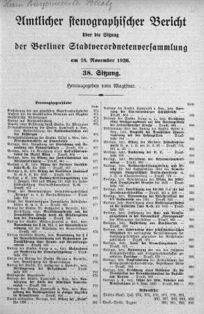 Sitzung 38, 18. November 1926