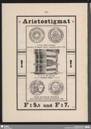 Werbung: Aristostogmat. I. Preis: Silberne Medaille. Deutscher Photograph.-Verein. Austellung Berlin 1900