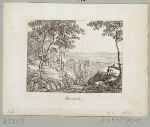 Der Brand bei Hohnstein in der Sächsischen Schweiz mit hölzerner Brücke, Eremitage und Grotte und der Aussicht nach Südosten, aus Andenken an die Sächsische Schweiz von C. A. Richter 1820