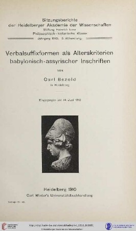 1910, 9. Abhandlung: Sitzungsberichte der Heidelberger Akademie der Wissenschaften, Philosophisch-Historische Klasse: Verbalsuffixformen als Alterskriterien babylonisch-assyrischer Inschriften