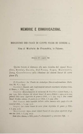 Memorie e comunicazioni. Riduzione dei fasci di curve piane di genere 2.
