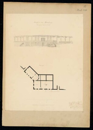 Pfarrhaus Monatskonkurrenz November 1836: Grundriss Untergeschoss, Aufriss Vorderansicht; Maßstabsleiste