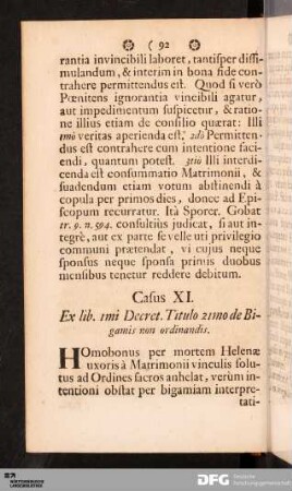Casus XI. Ex lib. 1mi Decret. Titulo 21mo de Bigamis non ordinandis.