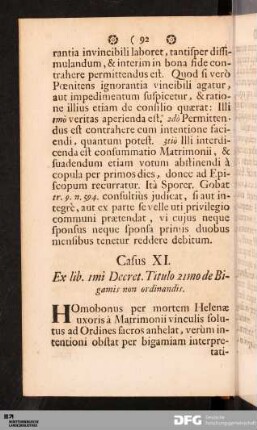 Casus XI. Ex lib. 1mi Decret. Titulo 21mo de Bigamis non ordinandis.