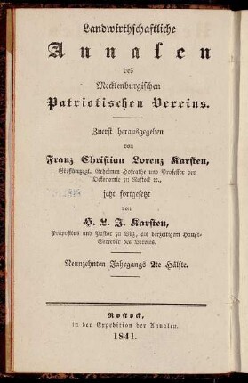 Landwirthschaftliche Annalen des Mecklenburgischen Patriotischen Vereins ... Neunzehnten Jahrgangs 2te Hälfte = Neue Annalen der mecklenburgischen Landwirthschafts-Gesellschaft ... Fünfundzwanzigsten Jahrgangs 2te Hälfte