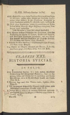Classis XXI. Historia Sueciae