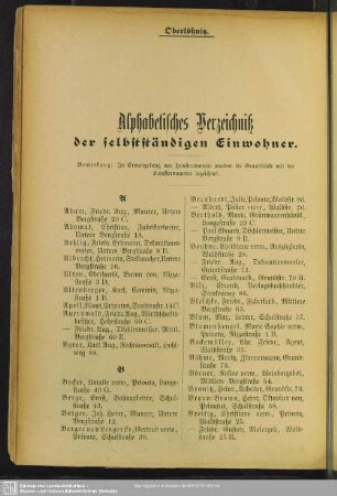 Einwohnerverzeichnis : Alphabetisches Verzeichniß der selbstständigen Einwohner