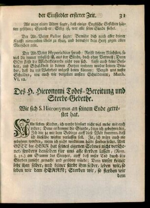 Des H. Hieronymi Todes-Bereitung und Sterbe-Gebethe