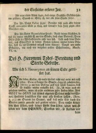Des H. Hieronymi Todes-Bereitung und Sterbe-Gebethe