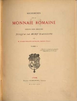 Recherches sur la monnaie romaine depuis son origine jusqu‛à la mort d‛Auguste, 1
