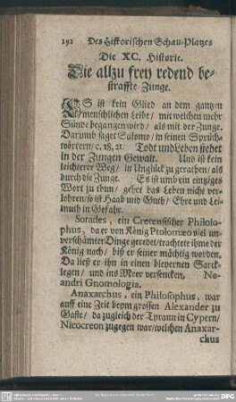 Die XC. Historie. Die allzu frey redend bestraffte Zunge