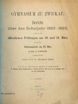 Bericht : über das Schuljahr .... 1892/93