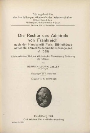 Die Rechte des Admirals von Frankreich : nach der Handschrift Paris, Bibliothèque nationale, nouvelles acquisitions françaises no 10251; diplomatischer Abdruck mit deutscher Übersetzung, Einleitung und Glossar