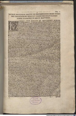 Tomvs ... Opervm Io. Chrysostomi Constantinopolitani, 1. Tomvs Primvs Homilias complectens LXXXIX