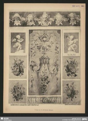 Fries aus Köpfen von Pierrot Harlequin usw. Panneau im Stile Louis XIV. mit vier verschiedenen Gehänge von Musik-Instrumenten