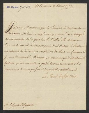 Brief an Francesco Algarotti, geschrieben von Unbekannt : 03.04.1773