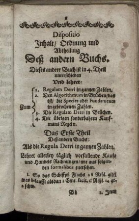 Dispositio Inhalt, Ordnung und Abtheilung Deß andern Buchs