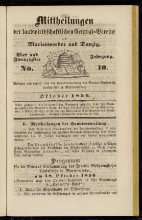 Vier und Zwanzigster Jahrgang. No. 10. Oktober 1856.