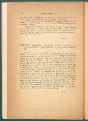 Honorio F. Delgado: "Necesidad de introducir la psicología en la instrucción médica". - Tirada aparte de "El Siglo Médico". - Madrid, 1920