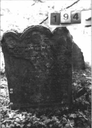 Grabstein 194 (Index: 99800032) Material: Sandstein Zustand: stark verwittert, angeschlagen, weitgehender Textverlust Maße HxBxT: 89x56x10 cm Beschreibung: Stele, dreibogiger Abschluß, Schriftfeld eingetieft: Grabstein 194