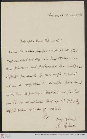 Briefe von Wilhelm Wundt an Kuno Fischer: Brief von Wilhelm Wundt an Kuno Fischer