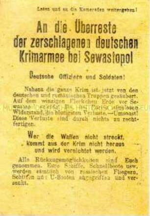 Sowjetisches Abwurf-Flugblatt an die Reste der Krim-Armee mit der Aufforderung, sich zu ergeben