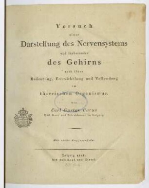 Titelblatt : Titelblatt. Buchdruck; 250 x 203 mm (Blattgröße). Aus: Carus, Carl Gustav: Versuch einer Darstellung des Nervensystems und insbesondere des Gehirns. Leipzig: Breitkopf und Härtel, 1814. Dresden: SLUB Anat.B.161