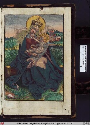 Madonna mit Christuskind in einer Landschaft.