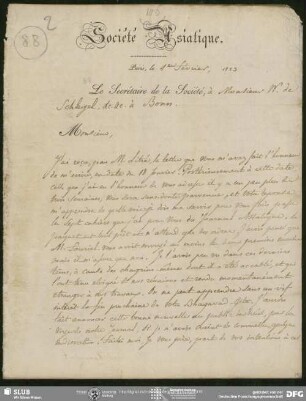 Eigenh. Brief auf Vordruck von Abel Rémusat an August Wilhelm von Schlegel, Paris, 04.02.1823