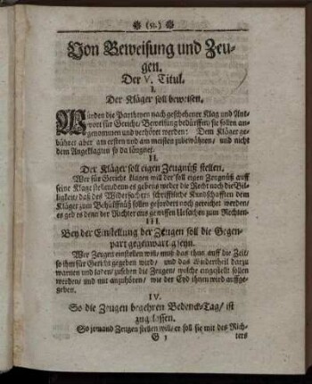 Der V. Titul. Von Beweisung und Zeugen