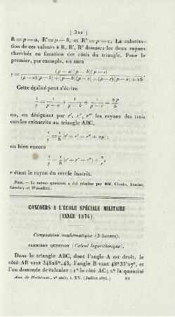Concours a l'École Spéciale Militaire (année 1876).