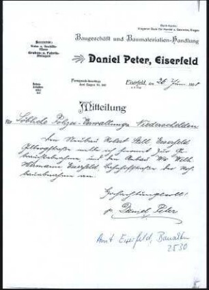Firmenbriefkopf Daniel Peter, Baugeschäft und Baumaterialien - Handlung, Eiserfeld