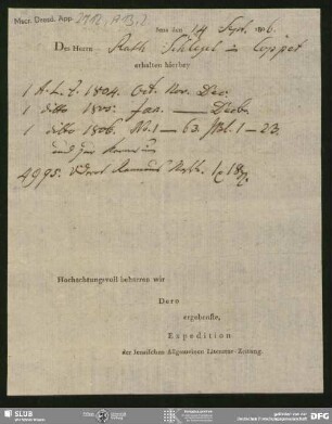 Eigenh. Lieferschein auf Vordruck von Jenaische Allgemeine Literatur-Zeitung an August Wilhelm von Schlegel, Jena, 14.09.1806