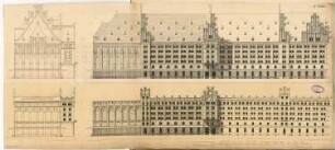 Getreidespeicher an der Oberspree, Berlin Monatskonkurrenz April 1895: 2 Varianten: Aufriss Wasseransicht, Seitenansicht 1:50; Maßstabsleiste
