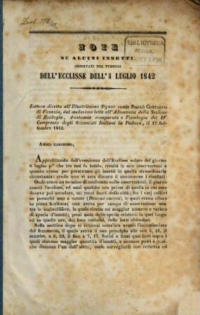 Note su alcuni insetti osservati nel periodo dell'ecclisse dell'8 Luglio 1842