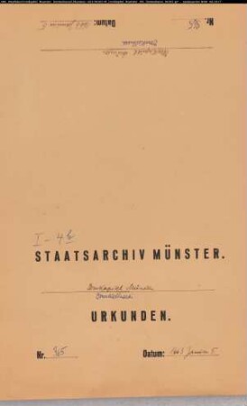 Domdechant, Senior und Kapitel zu Münster treten dem Bischof Christoph Bernhard für das ihnen überlassene Gogericht Senden das Gogericht Bakenfeld ab. Siegelankündigung.