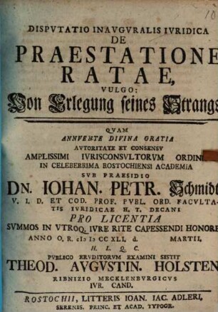 Dispvtatio Inavgvralis Ivridica De Praestatione Ratae, Vulgo: Von Erlegung seines Strangs