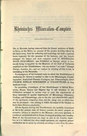 Rheinisches Mineralien-Comptoir : Catalogue of mineralogical, geological, and palaontological specimens, collections, models Dr. A. Krantz, Bonn