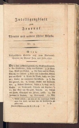 Intelligenzblatt zum Journal für Theater und andere schöne Künste