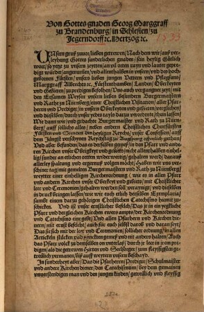 Kirchen Ordnung Jn meiner gnedigen herrn der Marggrauen zu Brandenburg Vnd eins Erbern Rats der Stat Nürmberg Oberkeyt vnd gepieten Wie man sich bayde mit der Leer vnd Ceremonien halten solle
