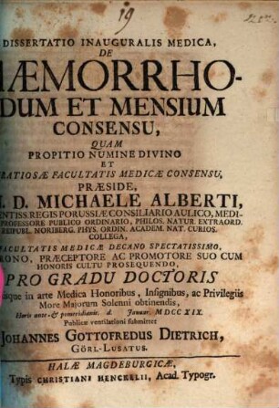 Dissertatio Inauguralis Medica, De Haemorrhoidum Et Mensium Consensu
