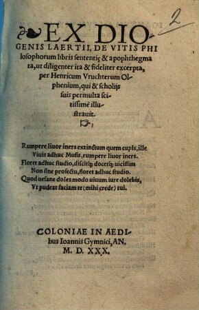 Ex Diogenis Laertii libris de vitis philosophorum sententiae et apophtegmata