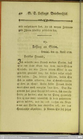 13. Lessing an Gleim. Leipzig, den 19. April 1758