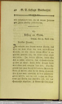13. Lessing an Gleim. Leipzig, den 19. April 1758