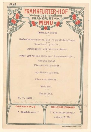 Menükarte : Menü, Frankfurter-Hof Weingrosshandlung